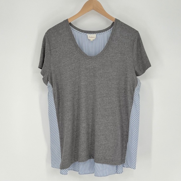 Deletta Tops - Deletta Womens Linen Blend Short Sleeve Top Size L Gray Blue Stripe Mixed Media